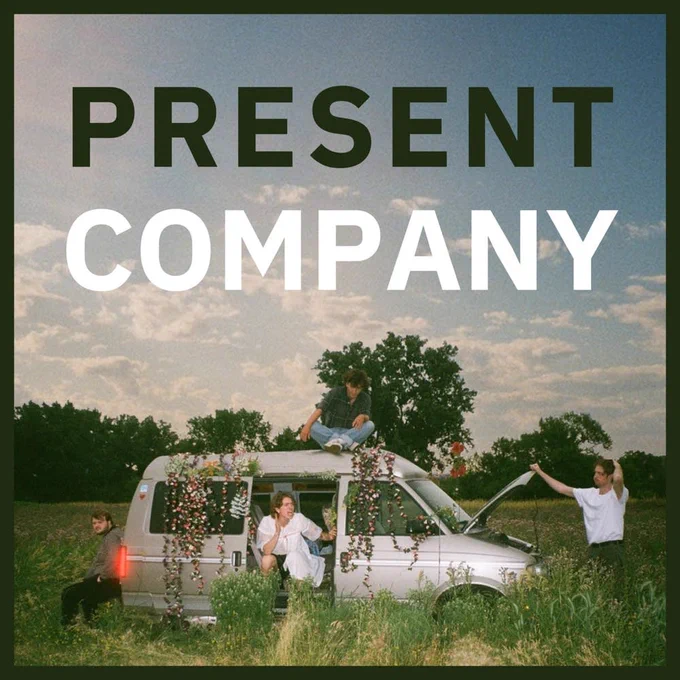 Four guys in a van in a field of tall grass on the cover of Present Company's self-titled album