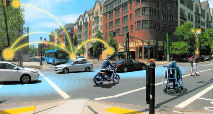 Intersection depicting several road users