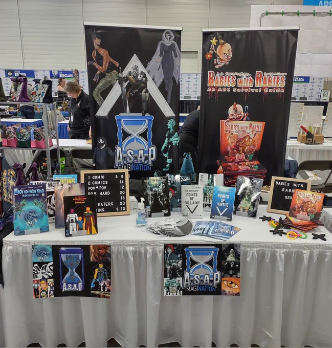Edmonton Expo comicon booth. ASAP IMAGINATION comics and books and BABIES WITH RABIES!