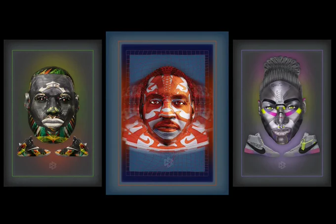 Three portraits by Newhouse student Matt Brodsky titled "LeBron," "Carmelo" and "Serena"