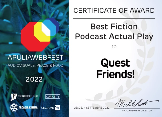 A certificate of award for Best Fiction Podcast Actual Play from Apulia Web Fest 2022