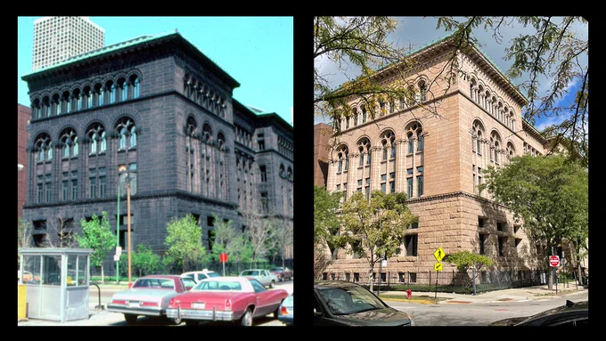 Left: The Newberry building pictured in the 1980s with a thick film of grime covering its exteriors. Right: The Newberry building pictured today with its original light salmon granite.