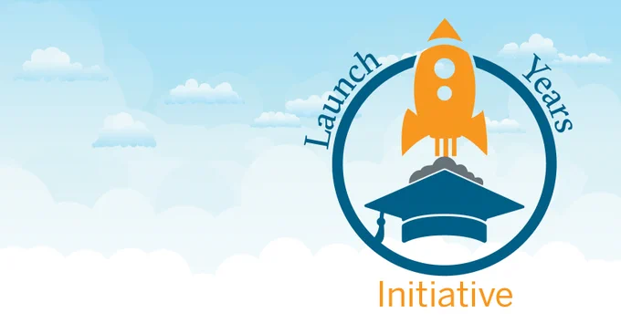 Rocket ship over a grad cap, with words Launch Years Initiative
