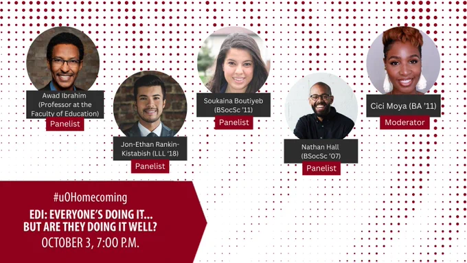 EDI panelists poster on a red dotted line background