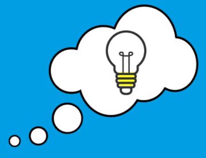 A cartoon lightbulb in a cloud on a blue background