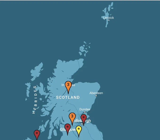 Map of Scotland with Fun Palaces marked on them