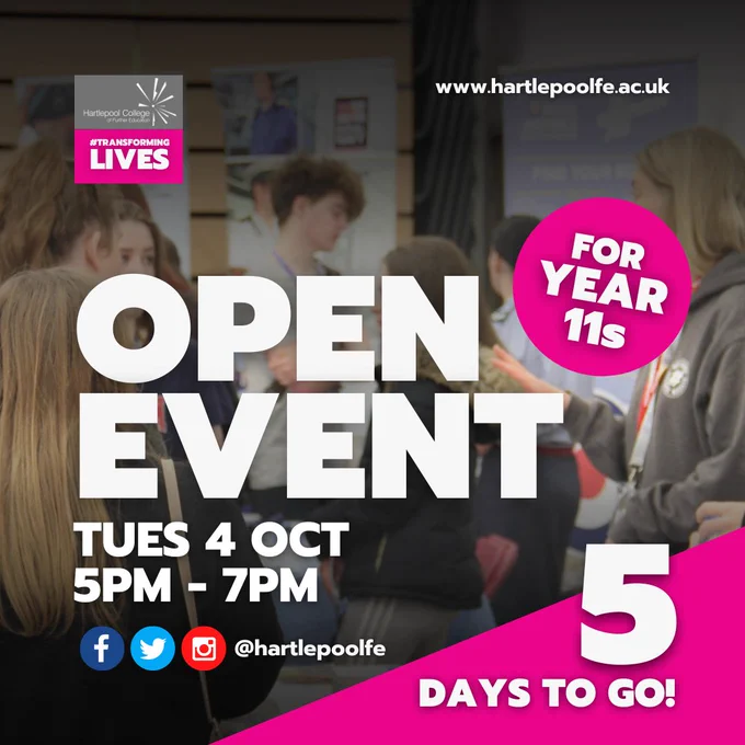 Our dedicated OPEN EVENT for Year 11s is in 5 DAYS time on Tuesday, October 4th - 5pm - 7pm. 

Get access to all areas of the college, try hands-on demos, and go on guided tours with expert advice.

More info >> bit.ly/hcfeOEOct22 
#TransformingLives #HCFEOpenEvents