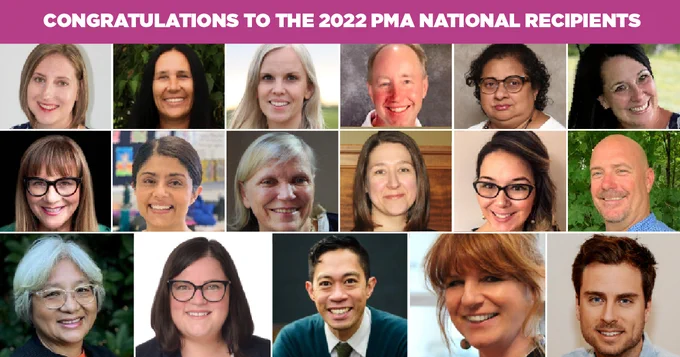 A collage of teachers’ headshots. With text: Congratulations to the 2022 PMA national recipients.