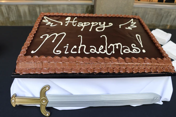A cake to celebrate Michaelmas and the 170th anniversary of the University of St. Michael's College.