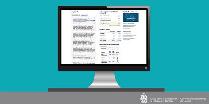 A computer monitor shows the home page of the Registry of lobbyists which contains various info and data. 