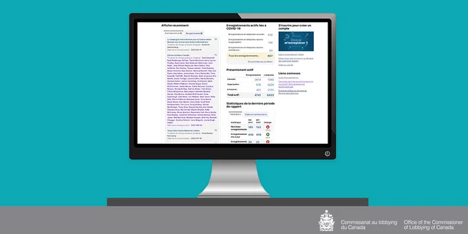 Un écran d'ordinateur affiche la page d'accueil du Registre des lobbyistes qui contient diverses informations et données.