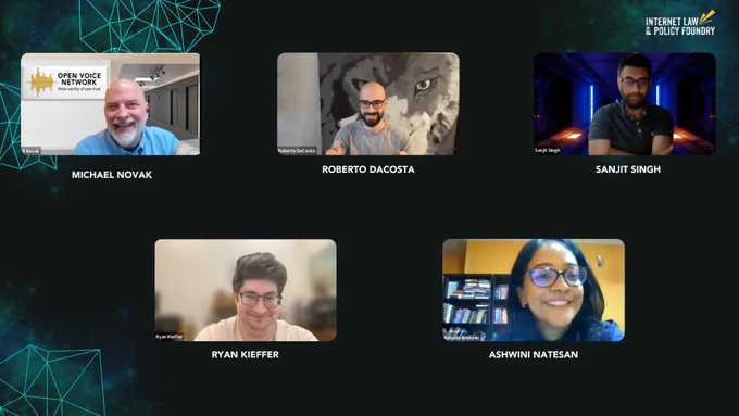 Dark green graphic with ILPF logo in the top-right-hand corner & light green geometric and smoke patterns in the other corners. The middle of the graphic has Zoom headshots of the speakers Michael Novak, Roberto DaCosta, Sanjit Singh & Ryan Kieffer, as well as moderator Ashwini Natesan (left-right)