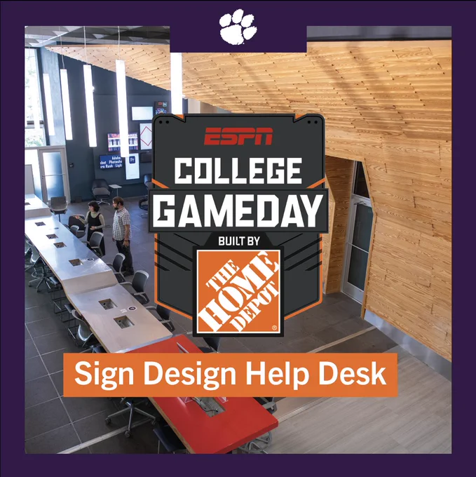 An image of the Adobe Digital Studio in the Cooper Library with the ESPN College Gameday Logo and the words "Sign Design Help Desk" on top of it. 