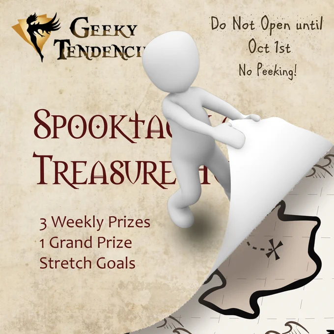 An announcement of the Geeky Tendencies treasure hunt starting October 1st. A stamp on the corner says "No Peeking!" While a marshmallow minion peels back the cover to show a treasure map underneath. 