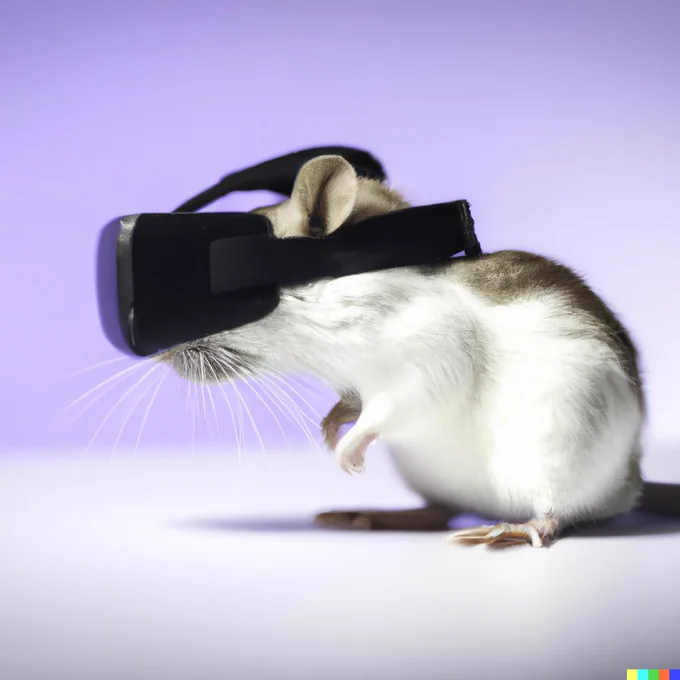 An image generated by DALL.E, showing a photograph of a mouse wearing a virtual reality head set. 