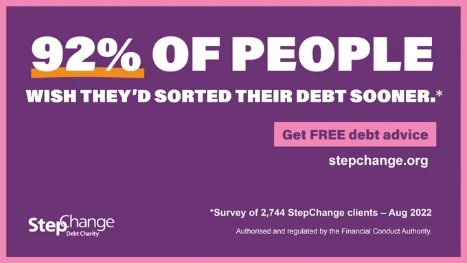 Graphic shows a purple background with white text stating that 92% of people wish they'd sorted their debt sooner. 