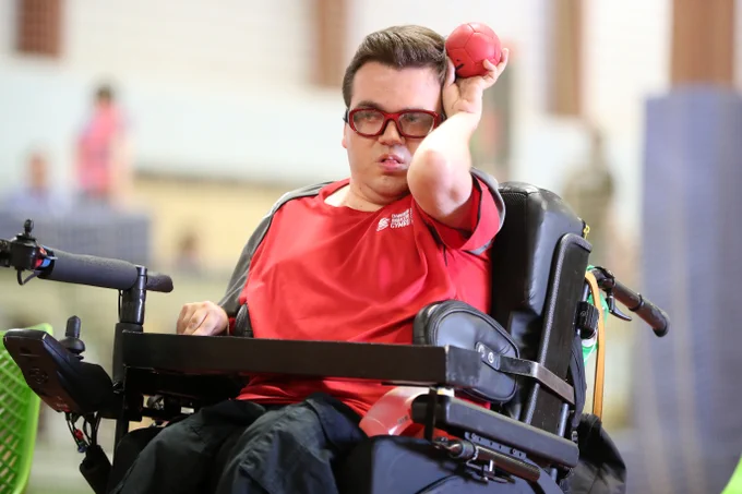 Boccia player Tomas Martin throwing a Boccia ball