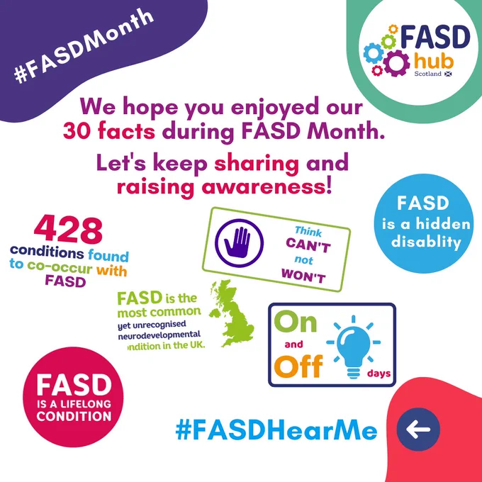 Graphic showing information about FASD. Text reads: 428 conditions found to co-occur with FASD. FASD is a hidden disability. FASD is a lifelong condition.