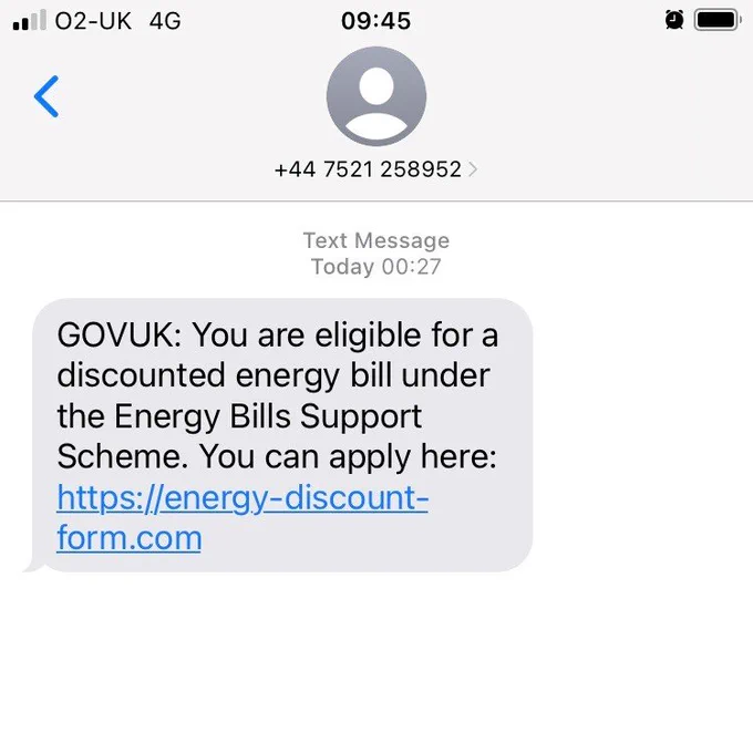 Picture of the scam text message. It reads: GOVUK: You are eligible for a discounted energy bill under the Energy Bills Support Scheme. You can apply here.
