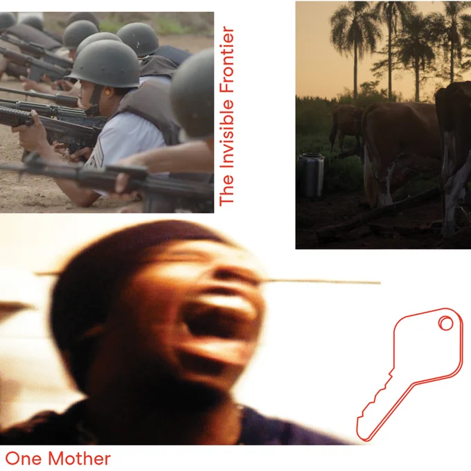 more collages of film stills: a blurry man screaming (One Mother) and a row of soldiers lying on the ground with helmets and guns (the invisible frontier)