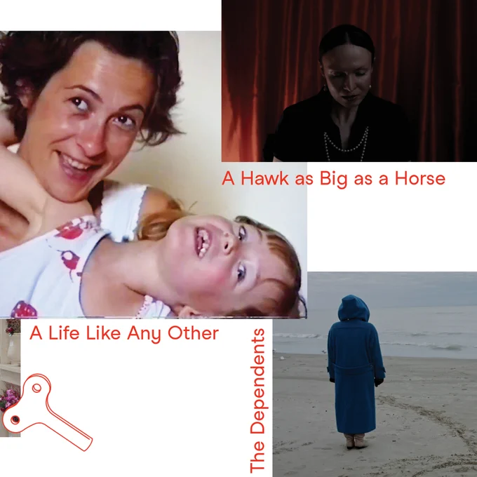 more collages of film stills: a mother and a child cuddling and laughing (a life like any other), a sad looking person in front of a red curtain (a hawk as big as a horse) and a person in a rain coat standing on a foggy beach (the dependents)
