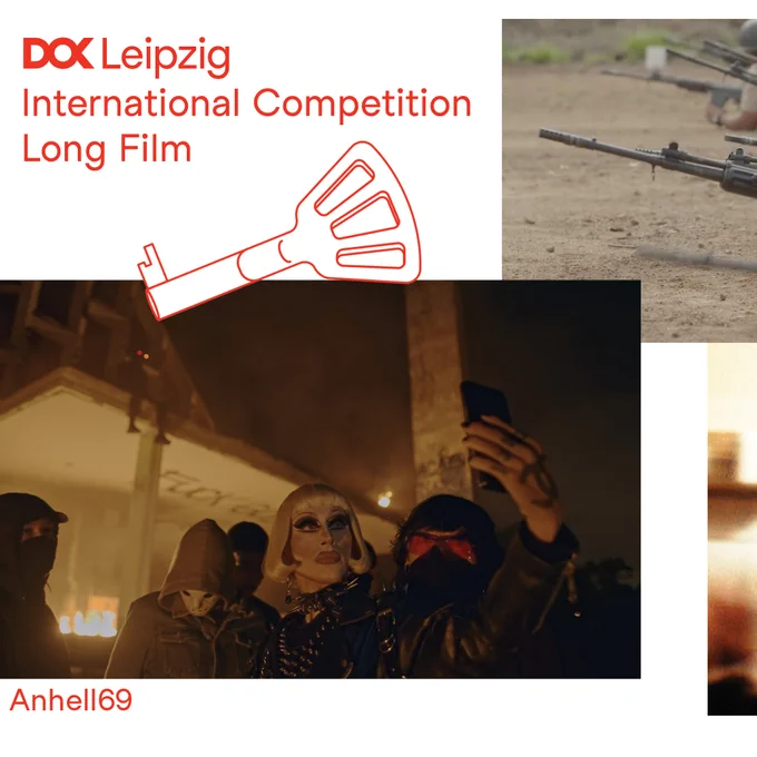 the DOK Leipzig logo and the text "international competition long film" and a collage of different film stills. on one is a person with heavy make up and a wig taking a selfie, in their background are several people with masks over their faces