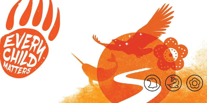 An orange sun with orange and black illustrations of an eagle, narwhale and flower over it on a white background. A bear paw illustration with the words "Every Child Matters" inside it is to the left.