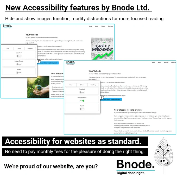 New Accessibility features by Bnode Ltd.
Hide and show images function, modify distractions for more focused reading.
Accessibility for websites as standard.
No need to pay monthly fees for the pleasure of doing the right thing.
We're proud of our website, are you?
Bnode Logo, digital leaf with Digital Done right written next to it.