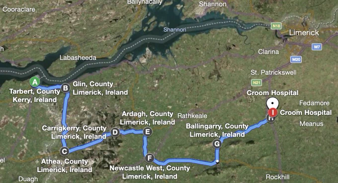 Map showing route of new bus service between Croom in Limerick and Tarbert in Kerry