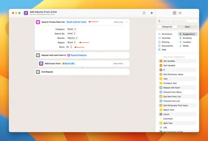 Screenshot of Shortcuts on the Mac, showing a shortcut to add all albums of an artist to MusicBox.