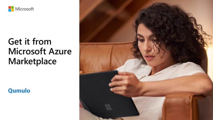 A seated woman looks at a Surface tablet she is holding. The image text reads: Qumulo. Get it from Microsoft Azure Marketplace.