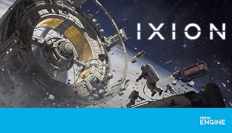 IXION game title image.
A giant space station floats in space surrounded by debris. 