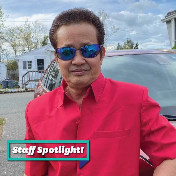 Triangle employee, Champa, with white text reading "Staff Spotlight" in teal box