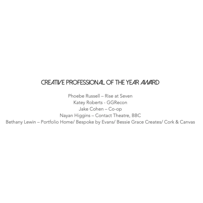 A screenshot of the Manchester Young Talent Awards website, showing that I have been shortlisted for Creative Professional of the year, along with 4 other nominees.