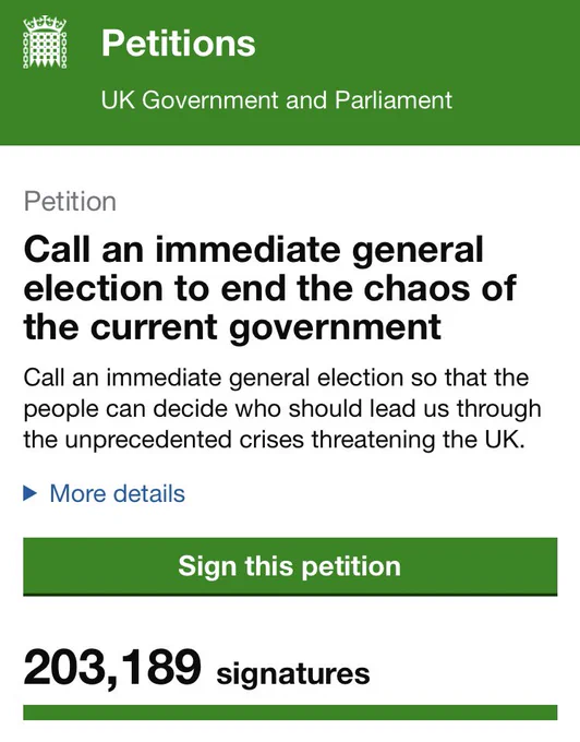 Screenshot of “call an immediate General Election” petition, showing 203,189 signatures