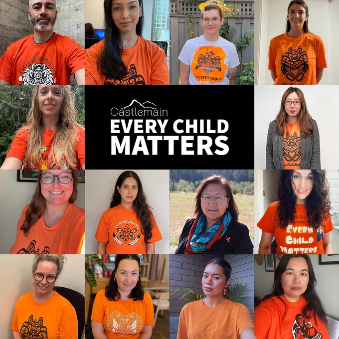 A collage of 14 people looking into the camera wearing orange t-shirts. The text reads Every Child Matters and includes the Castlemain logo.