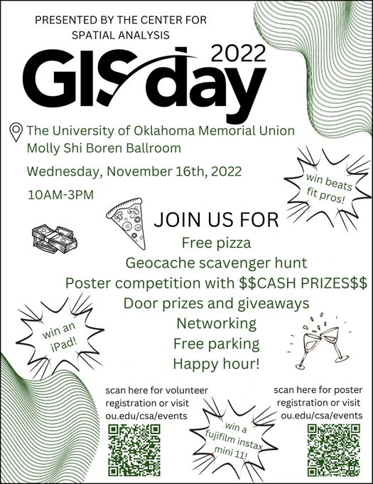 GIS day 2022 presented by the Center for Spatial Analysis. The University of Oklahoma Memorial Union Molly Shi Boren Ballroom. Wednesday, November 16th, 2022, 10am-3pm. Win Beats Fit Pros! Join us for free pizza, geocache scavenger hunt, poster competition with cash prizes, door prizes and giveaways, networking, free parking, happy hour! Win an iPad! Win a Fujifilm Instax Mini 11! Scan here for volunteer registration or visit ou.edu/csa/events. Scan here for poster registration or visit ou.edu/csa/events. 
