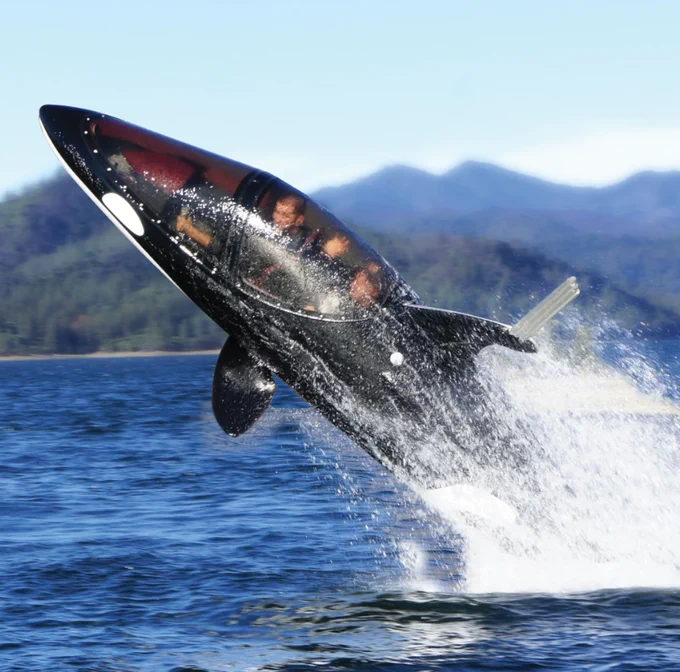 It appears to be an Orca breaching the surface of the water, however it is a submarine and you can see two people inside controlling it.