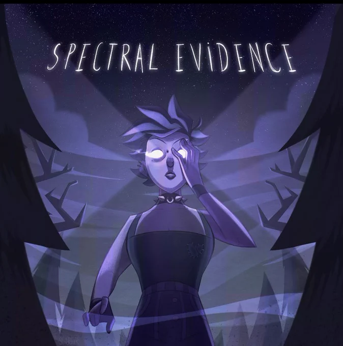 The cover art for Spectral Evidence. A girl with glowing white eyes stares stares out against a purple background of dark trees.