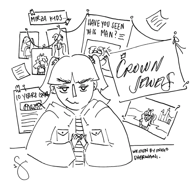 The cover art for Crown Jewels. A black and white illustration of a young girl smirking at the viewer with a conspiracy board behind her. Black text reads "Crown Jewels"
