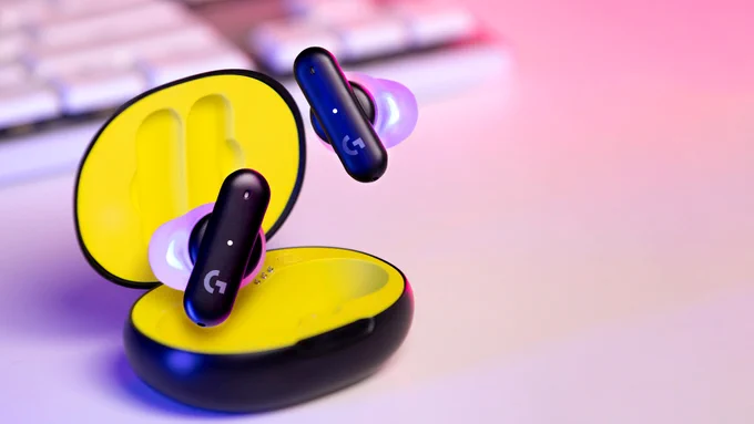 The Logitech G FITS - our first gaming wireless earbuds. The earbuds are floating outside of the case.
