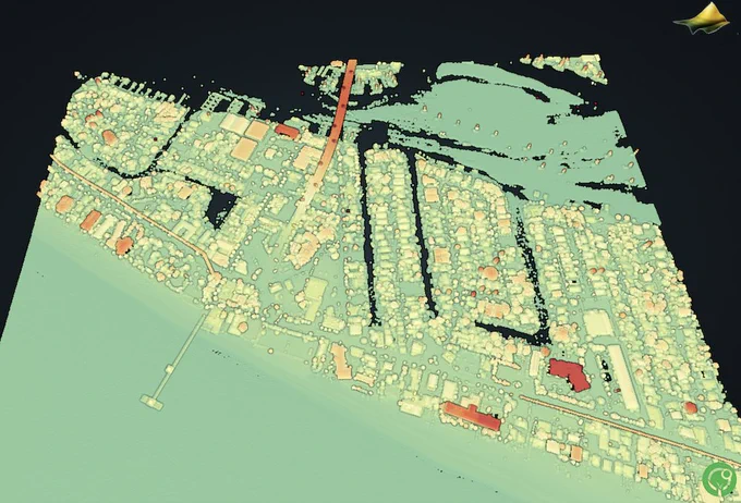 3D visualization of Fort Myers Beach, heavily impacted by Hurricane Ian, in 2018 USGS 3DEP lidar data.