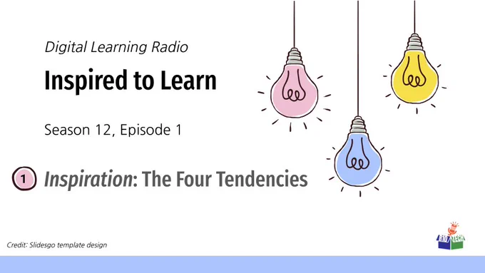 upper right: 3 sketched lightbulbs, hanging from the top, lower left, R10Tech podcast logo; "Digital Learning Radio, Inspired to Learn, Season 12, Episode 1, Inspiration: The Four Tendencies"
