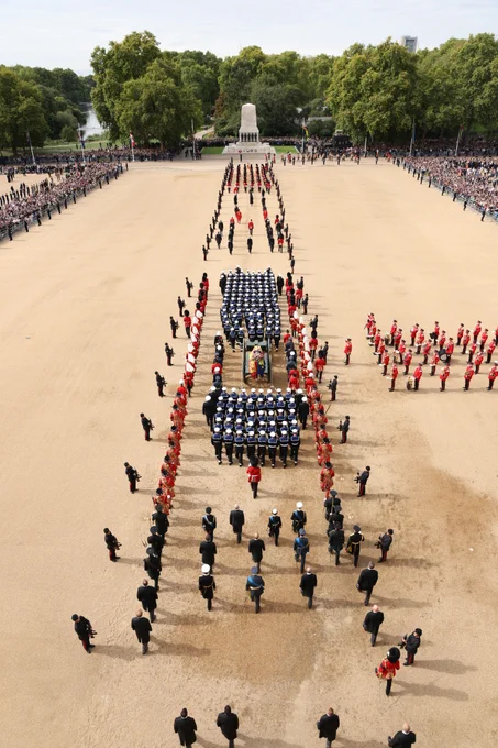 HM Armed Forces lead the procession for Her Majesty The Queen's coffin from Westminster Abbey.