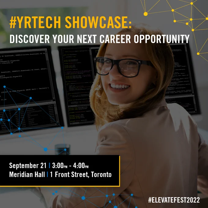 #YRtech Showcase: Discover Your Next Career Opportunity. September 21, 3-4pm, Meridian Hall, 1 Front Street, Toronto. A young woman sitting in front of a computer coding.