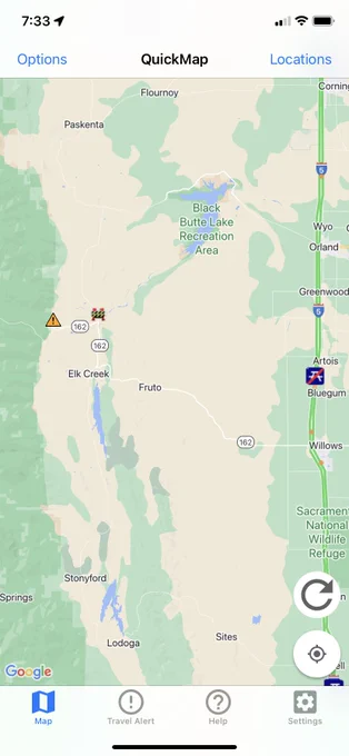 Map of closure location of Highway 162 in rural Glenn County.