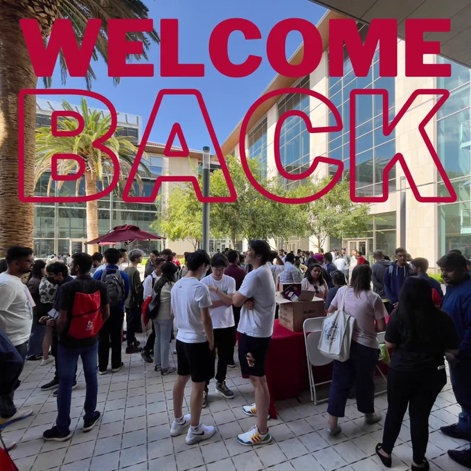 Text reads "Welcome Back" over students in the SCDI Courtyard at the Graduate Engineering New Student Mixer.