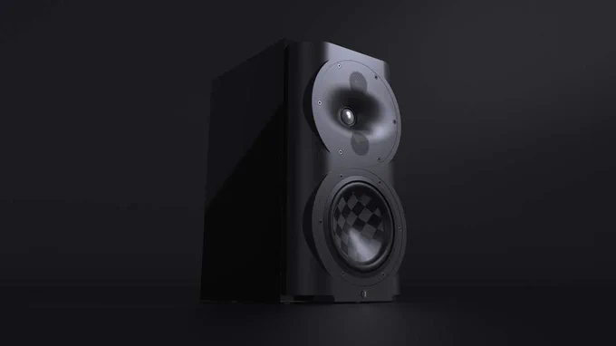 A single Perlisten S4B Bookshelf Speaker in black sits against an all black background.