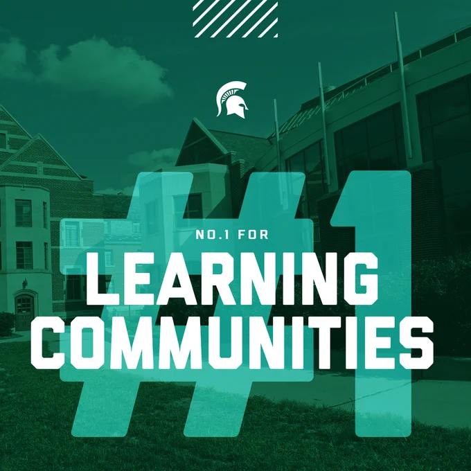 Campus building photo with a green overlay on it and text that reads, "Number 1 for learning communities."