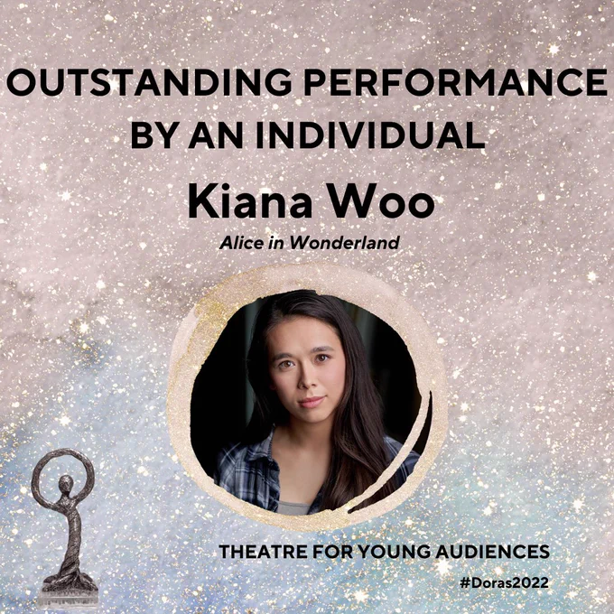 Recipient for Outstanding Performance by an Individual (Theatre for Young Audiences)  is Kiana Woo - Alice in Wonderland